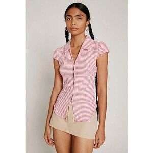 Kimchi Blue Women's Pink Allegra Gingham Button-Down Short Sleeve Collared Top S